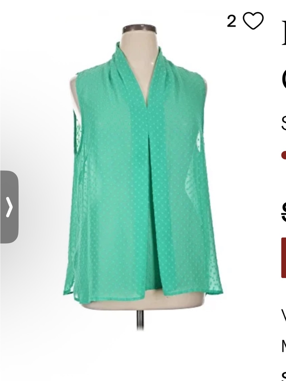 Liz Claiborne Green V-neck, textured swiss dot, sleeveless blouse top w Cami L